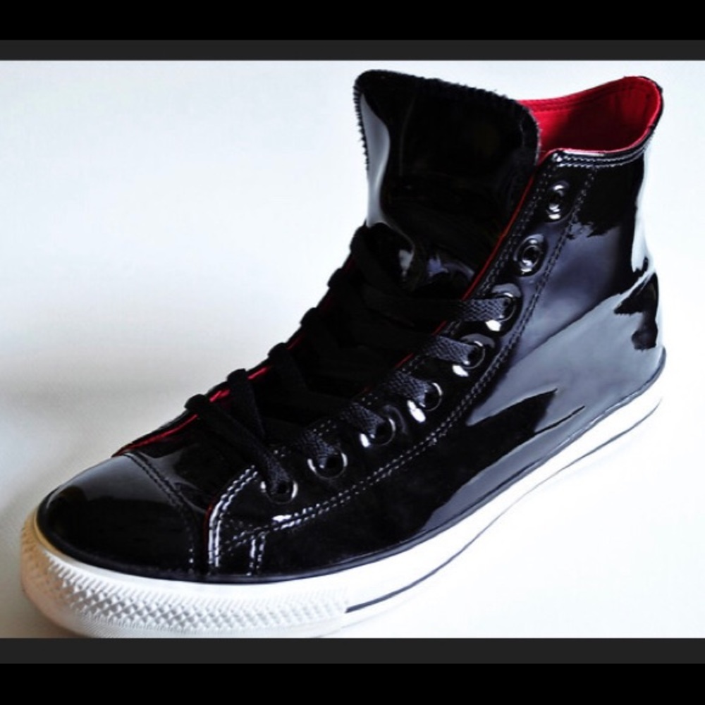Converse All Star black Patent leather high tops.